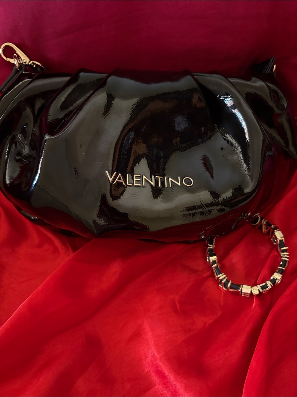Valentino Black Patent Leather Shoulder Bag with Gold Chain Strap